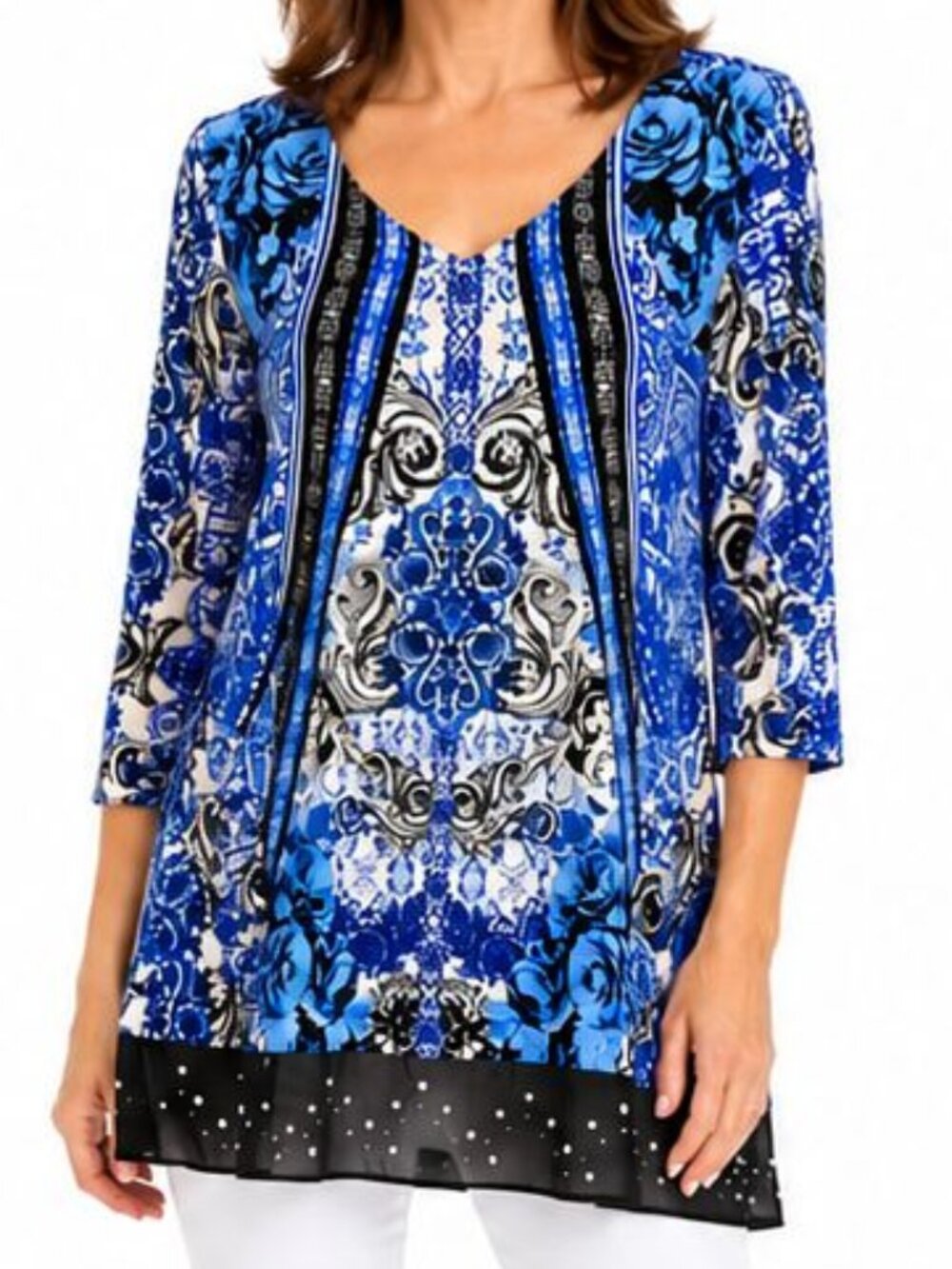 Style & Co L 12 14 Blue White Scarf Print Boho Chic Studded Tunic Top